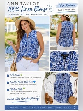 Ann Taylor Blue and White Floral Tile Print Sleeveless Top